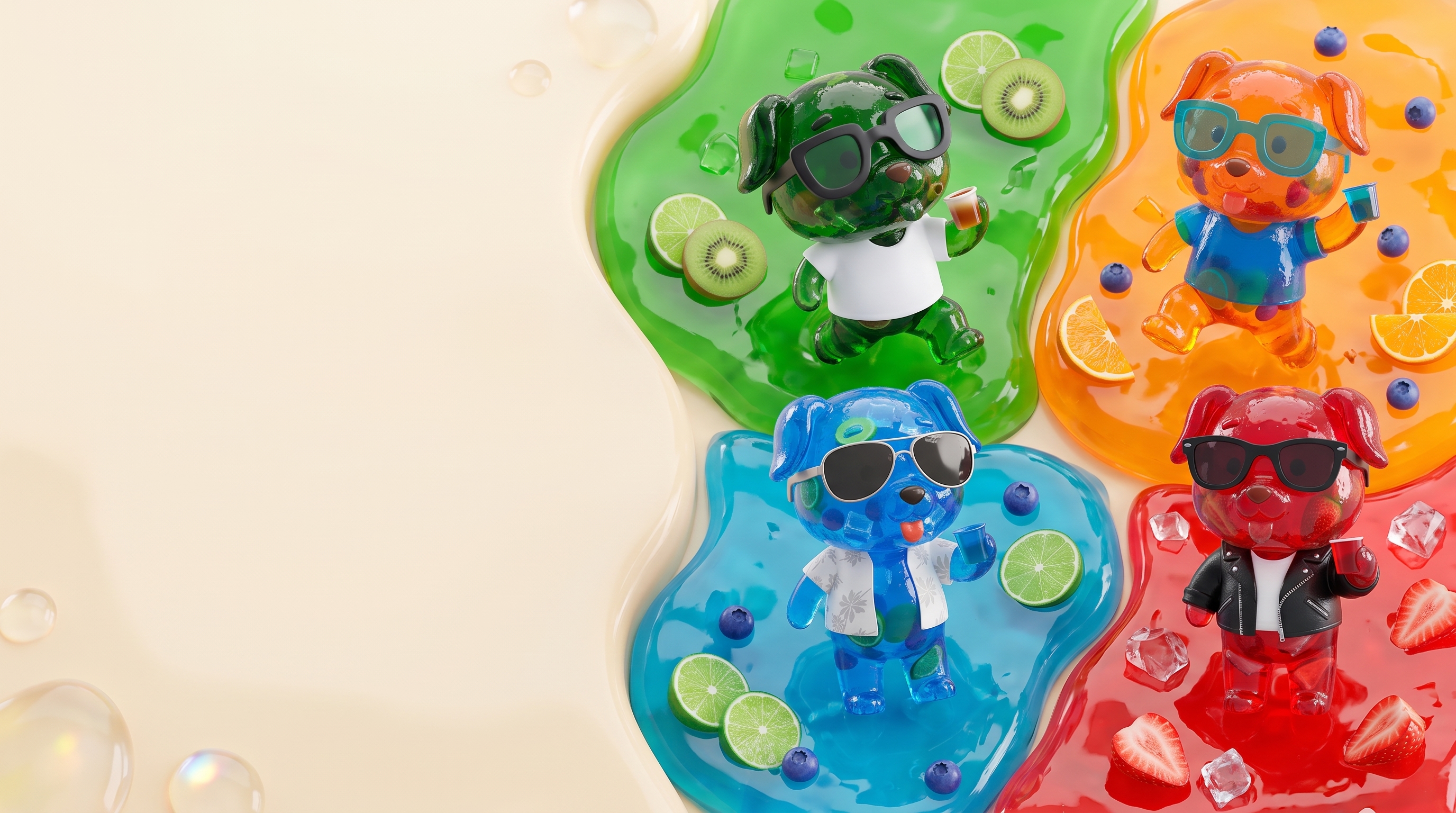 Los cuatro Yayos jugando en un mundo de gelatina